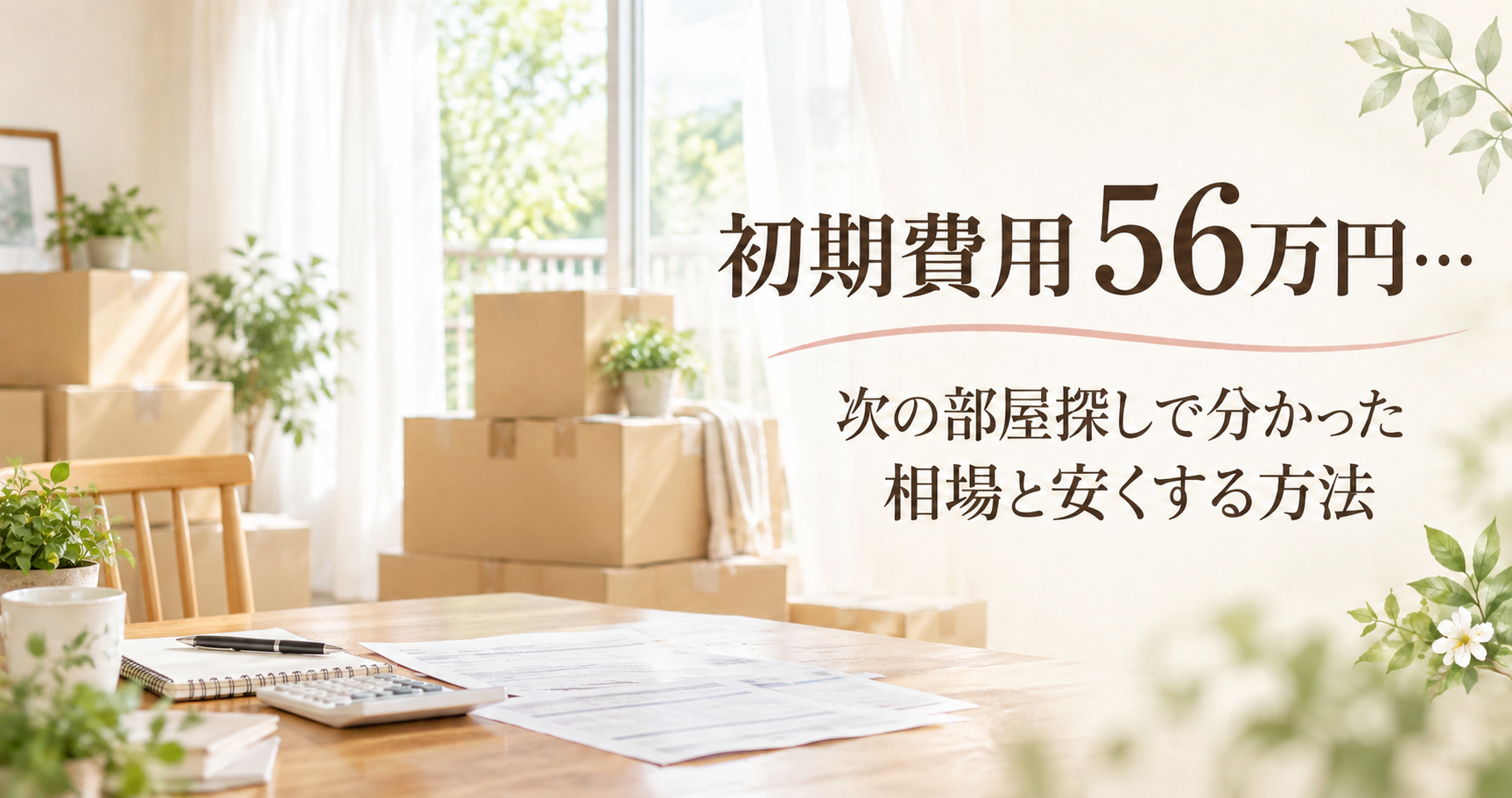 明るい部屋に置かれた引越し用の箱と賃貸契約の見積書